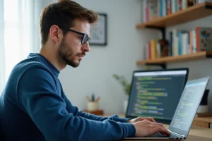 Jeune homme en sweater bleu travaillant sur un laptop à son bureau