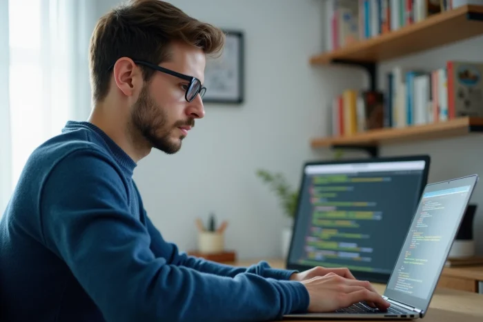 Jeune homme en sweater bleu travaillant sur un laptop à son bureau