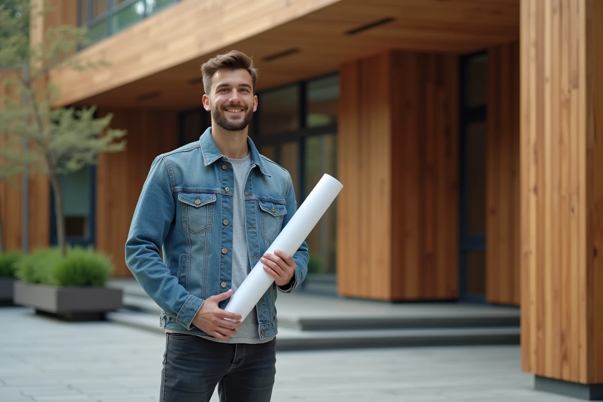 Jeune homme avec plan devant un bâtiment en bois moderne