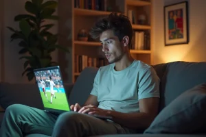Jeune homme regardant un match de football sur son laptop