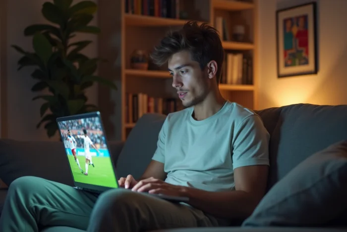 Jeune homme regardant un match de football sur son laptop