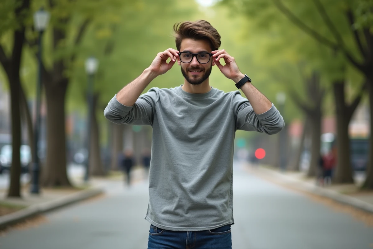 Jeune homme essayant des lunettes dans un parc urbain