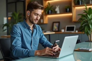 Jeune homme utilisant des gadgets technologiques modernes dans un espace de travail