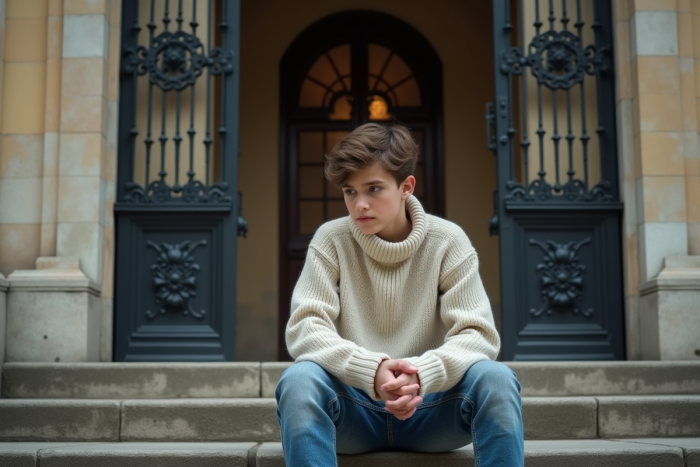 Jeune homme assis seul sur un escalier devant une villa élégante