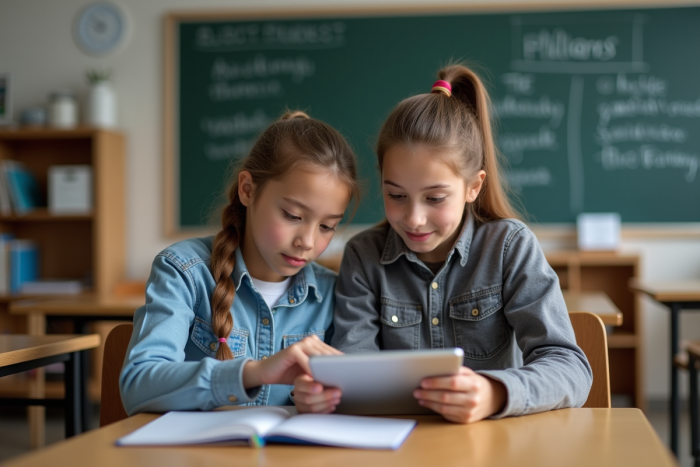Deux jeunes élèves en classe utilisant des tablettes pour apprendre