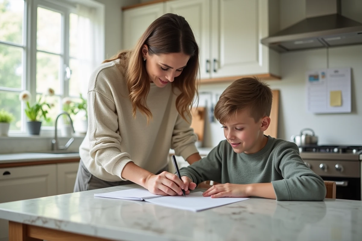 Mère guidant son fils pour ses devoirs à la cuisine