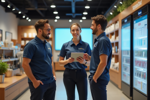 Manager en réunion avec employés dans un magasin moderne