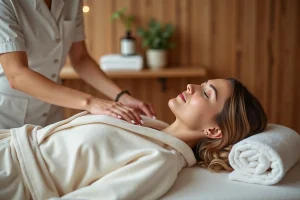 Femme en peignoir blanc recevant un massage relaxant