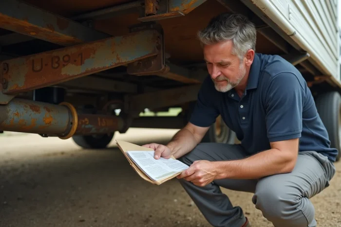 Homme consultant les papiers d'un mobil home pour identifier l'année de fabrication à partir du numéro de châssis