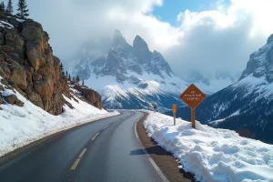 Route du col du Petit Saint-Bernard à l'ouverture au printemps avec neige fondante et panneau de signalisation alpin