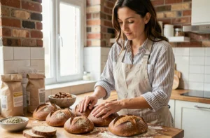 Femme préparant du pain sans gluten artisanal dans une cuisine moderne avec farine d'amande et graines
