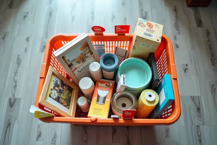Panier rempli d'articles ménagers soldés avec étiquettes de réduction lors d'une liquidation en magasin