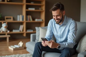 Père détendu regardant son smartphone dans le salon