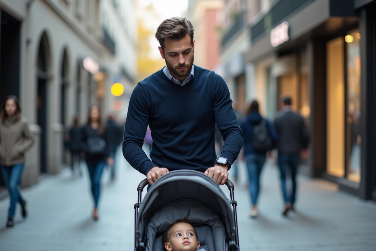 Père en ville poussant une poussette avec son enfant