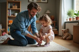 Père aidant sa fille à nouer ses chaussures dans le salon