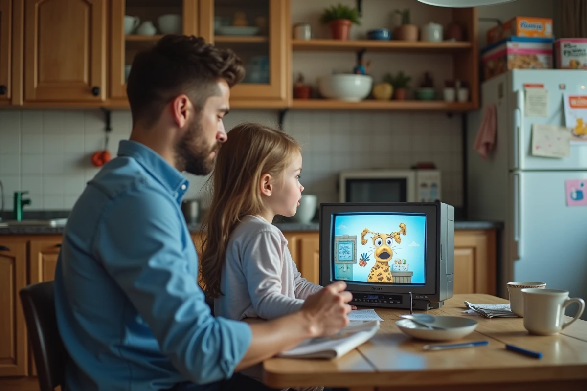 Père et fille regardant la télé dans une cuisine familiale