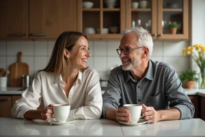 Couple souriant partageant un café dans une cuisine chaleureuse
