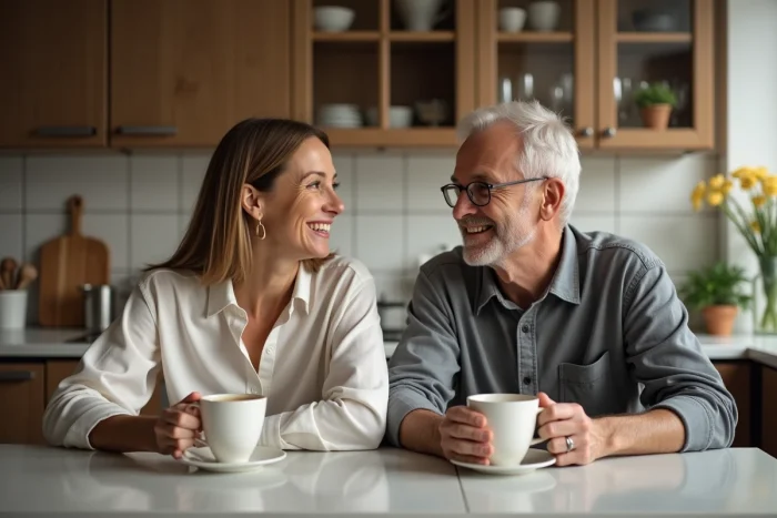 Couple souriant partageant un café dans une cuisine chaleureuse