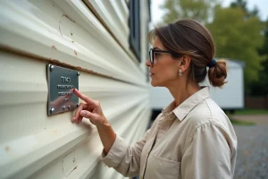 Femme examinant la plaque d'identification d'un mobil home pour connaître son année de construction