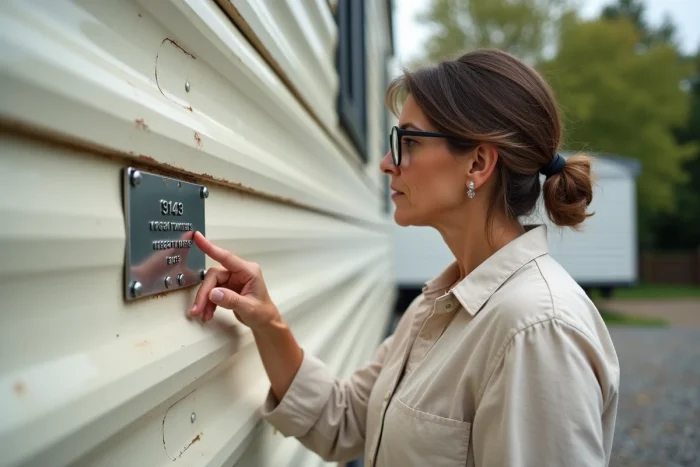 Femme examinant la plaque d'identification d'un mobil home pour connaître son année de construction