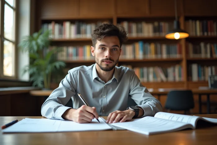 Étudiant qui prépare son entretien d'entrée à l'ENSAMAA avec des notes et documents dans une bibliothèque universitaire