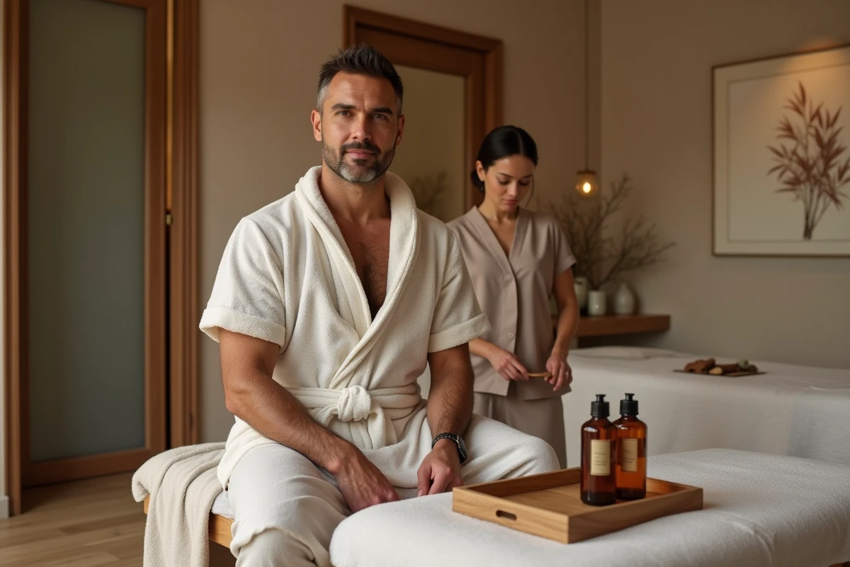 Homme détendu préparant des huiles dans un spa parisien