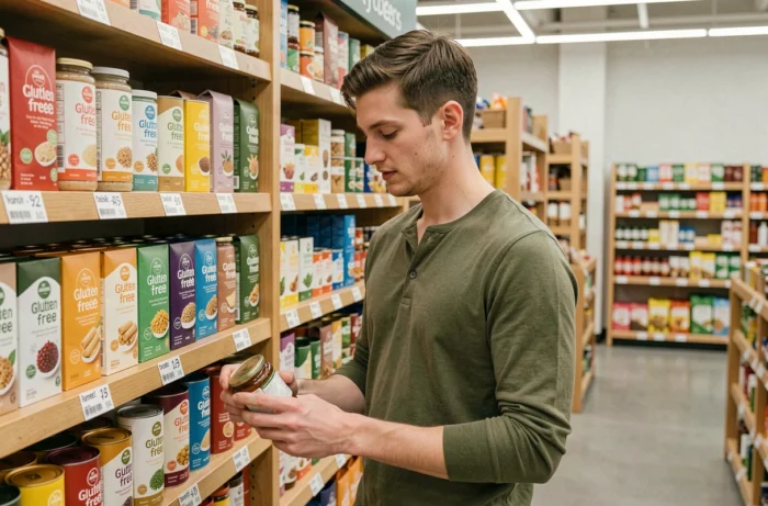 Jeune homme lisant les étiquettes de produits sans gluten dans un magasin bio bien approvisionné