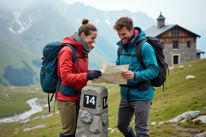 Deux randonneurs au sommet du col du Petit Saint-Bernard devant l'hospice historique au début du printemps