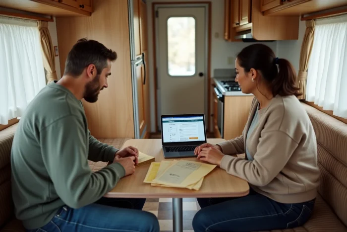 Couple recherchant l'année de construction de leur mobil home sur internet avec des documents officiels