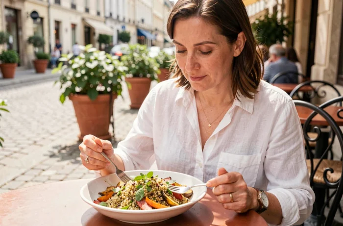Femme savourant un bol repas sans gluten au quinoa et légumes rôtis en terrasse de café urbain