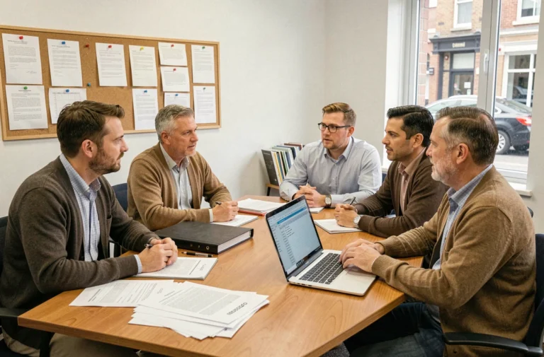 Membres d'une association d'entraide réunis autour d'une table pour examiner des documents légaux et statuts officiels