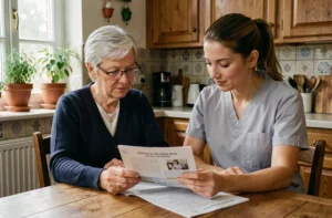 Une senior et une aide à domicile consultent ensemble des documents sur les services d'aide aux personnes âgées dans une cuisine française