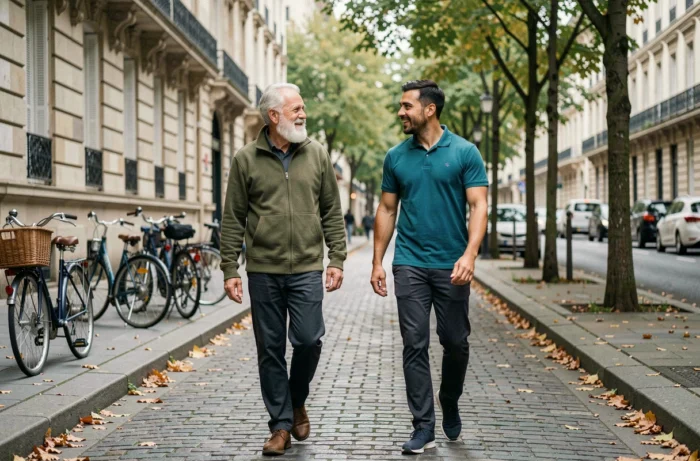 Un senior se promène avec son kinésithérapeute dans une rue parisienne lors d'une séance de rééducation à domicile
