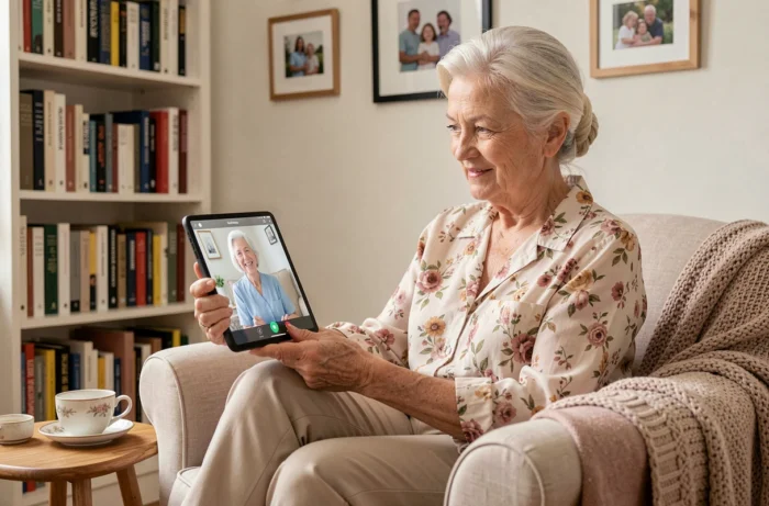 Une personne âgée utilise une tablette pour une téléconsultation médicale depuis son salon, illustrant les services numériques pour seniors