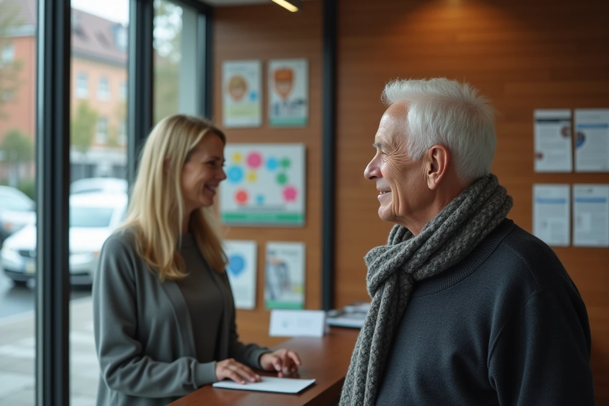 Homme âgé parlant avec une réceptionniste dans une clinique médicale