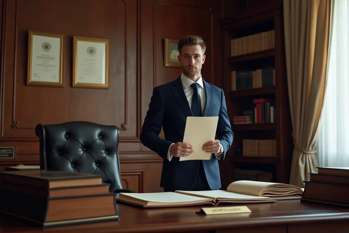 Jeune notaire stagiaire tenant un acte officiel dans une étude notariale traditionnelle, illustrant le débouché professionnel après des études de droit post-bac STMG