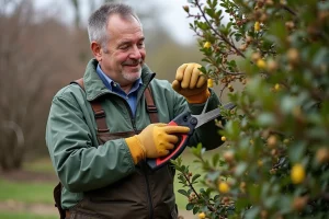 Homme taillant branches de mimosa en jardin