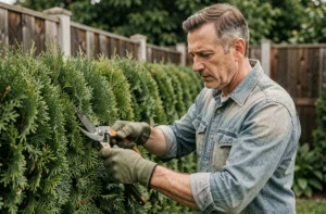 Jardinier taillant une haie de thuyas avec un sécateur dans un jardin résidentiel