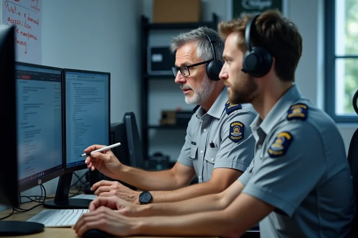 Technicien informatique police aidant un collègue à résoudre un problème de connexion sur la plateforme eCampus Police