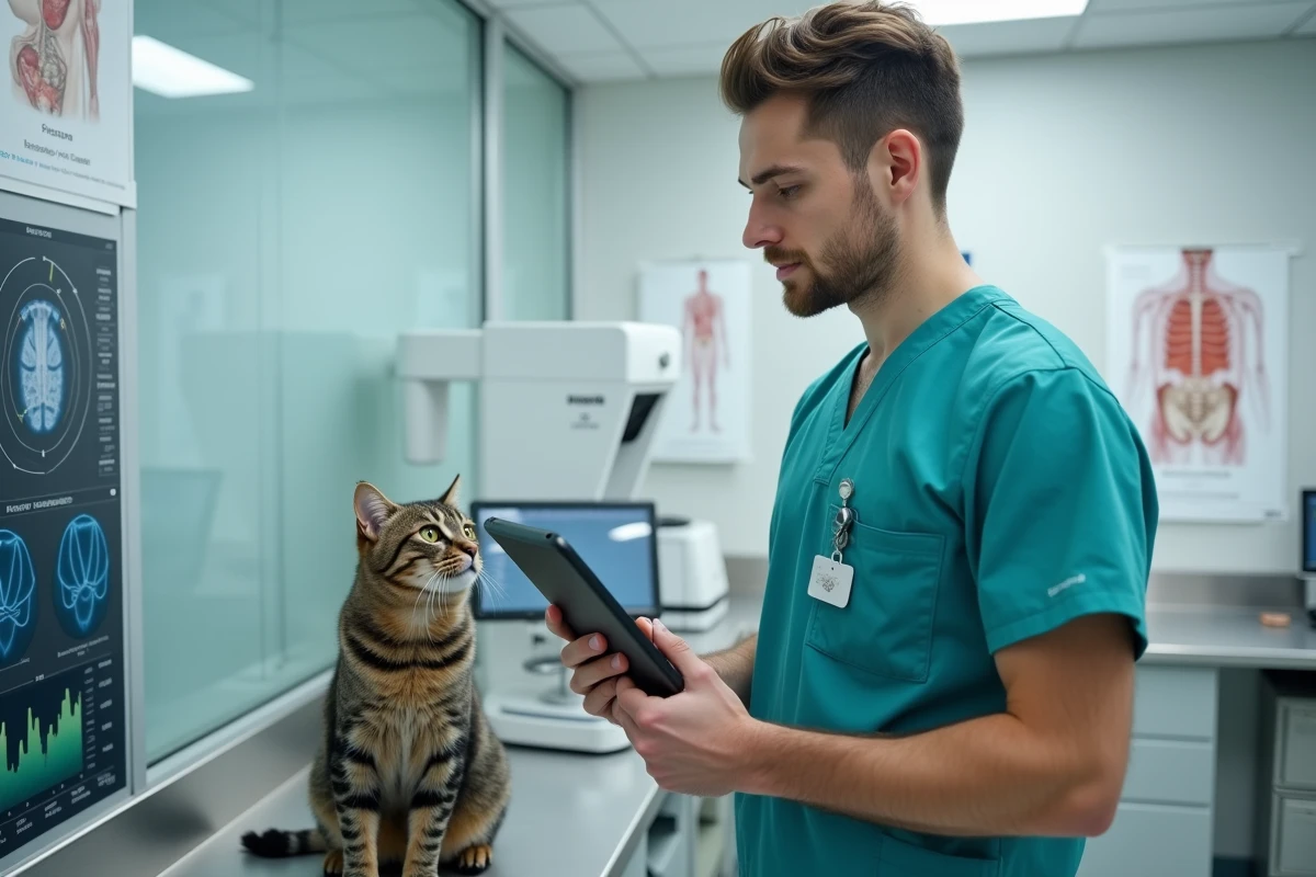 Technicien vétérinaire avec un chat et un appareil d