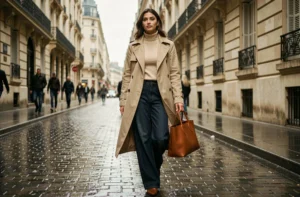 Femme élégante en trench coat beige marchant sur un trottoir parisien mouillé, style urbain tendance automne