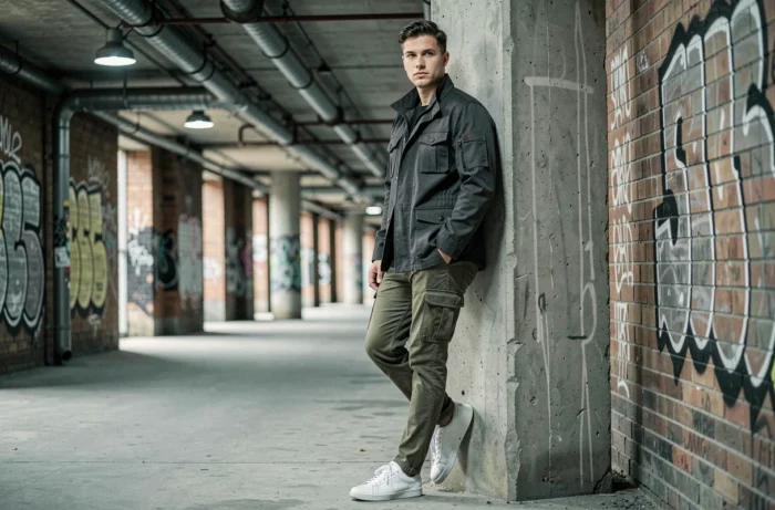 Jeune homme en veste utilitaire et cargo pants olive dans un passage industriel urbain, look streetwear moderne