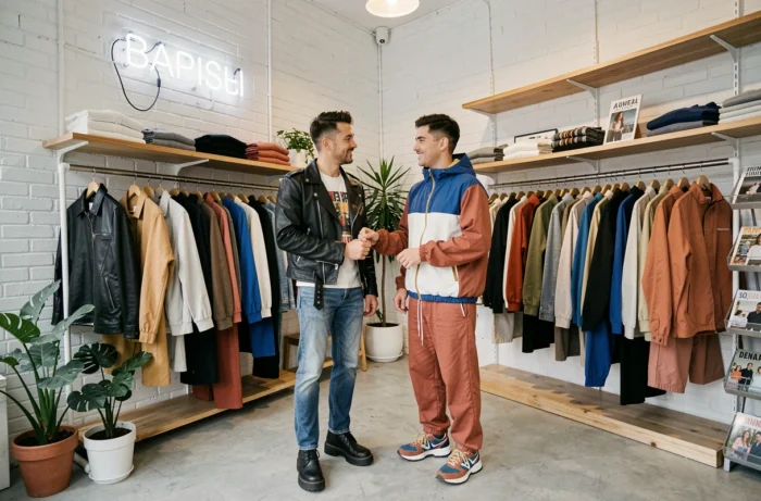 Deux amies aux styles urbains tendance dans une boutique concept store, veste en cuir et windbreaker colorblock