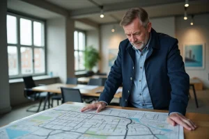 Urbaniste étudiant une carte de zonage en bureau lumineux